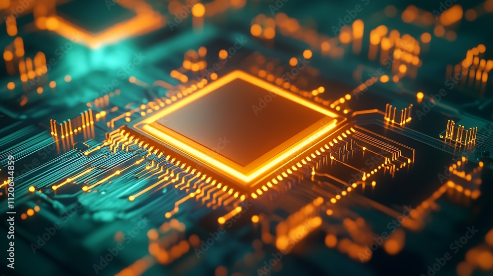 Leinwandbilder futuristic orange and gold microchip on abstract blue circuit pattern pcb : generative ai