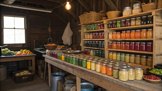 A homemade canning setup in a rustic bat filled with shelves b with jars. Each jar is meticulously labeled and organized by color and content showcasing a rainbow of canned goods.