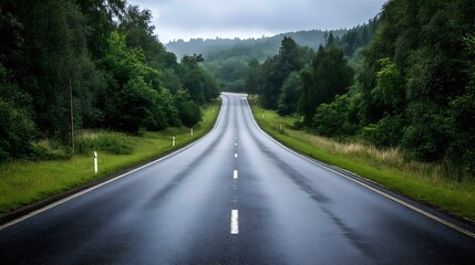 Wet Country Road in Misty Forest Landscape with Lush Greenery on Overcast Day : Generative AI