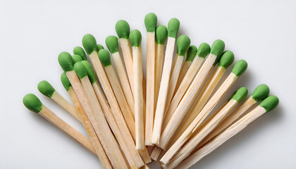Wooden matches with green heads on white background flat lay