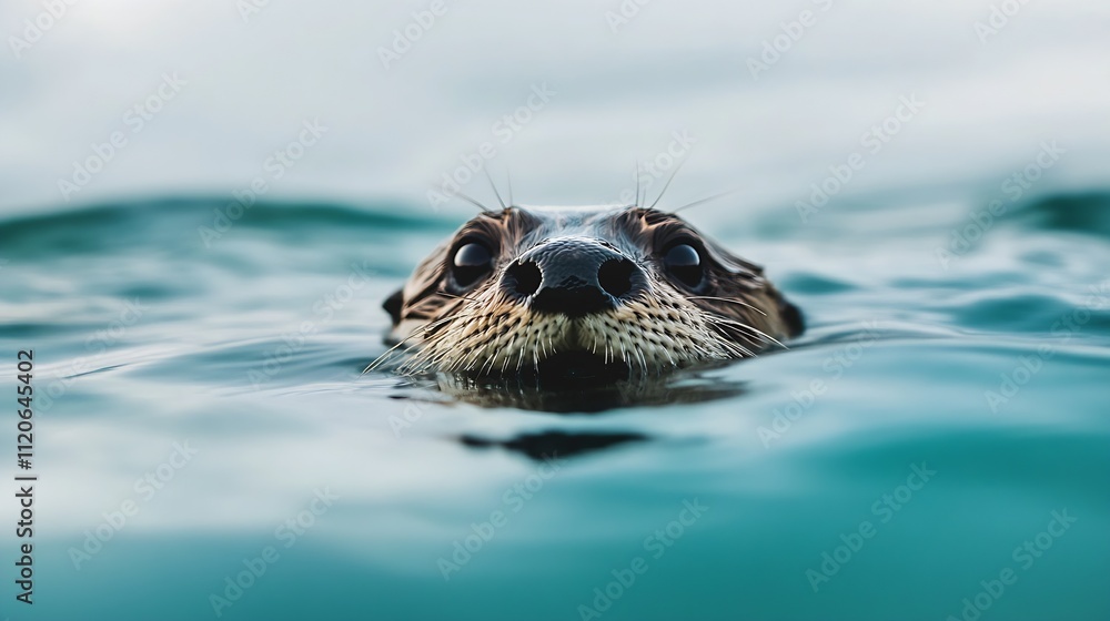 Poster Adorable Sea Otter Floating in Calm Ocean Water Showing Curious Expression : Generative AI
