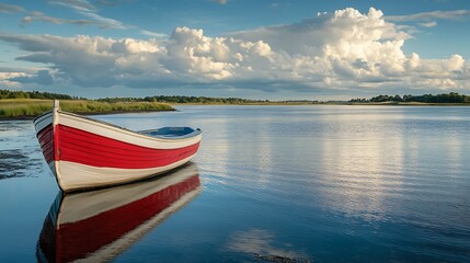 Naklejka premium Tranquil Scene with Red and White Boat on Serene Lake under Big Sky and Puffy Clouds : Generative AI