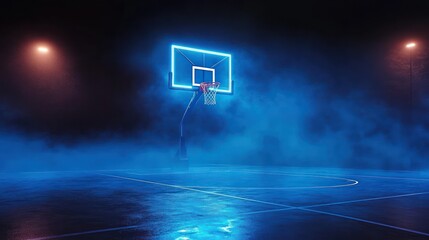 Illuminated basketball hoop in moody misty court under blue lights in dark urban atmosphere