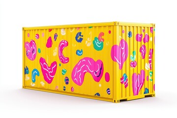 Vibrantly Painted Shipping Container with Abstract Colorful Patterns on a Bright Background
