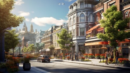 Obraz premium Modern office building with rooftop garden at dusk, featuring glass facade and outdoor seating area.