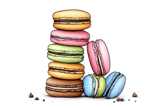 A whimsical 2D drawing of a stack of macarons in pastel tones, illustrated with soft, playful details on a white canvas