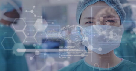 Image of data processing with molecules and brains over asian female surgeon in hospital