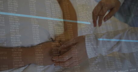 Image of data processing over diverse doctor and patient holding hands in hospital