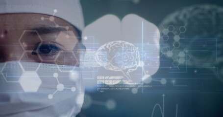 Image of data processing with molecules and brains over biracial female surgeon in hospital