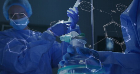 Image of chemical formula over diverse surgeons and patient in hospital