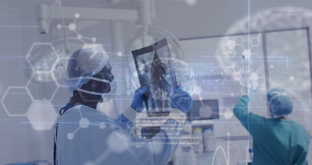 Image of data processing with molecules and brains over diverse surgeons in hospital