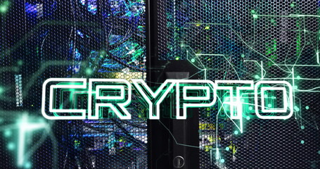 Image of crypto text over server room