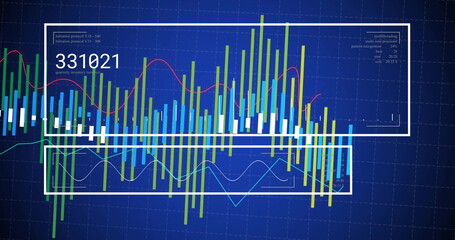 Obraz premium Image of financial data processing on blue background