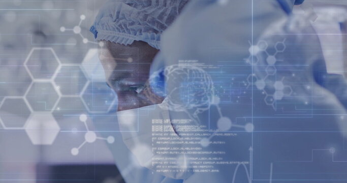 Image of data processing with molecules and brains over african american male surgeon