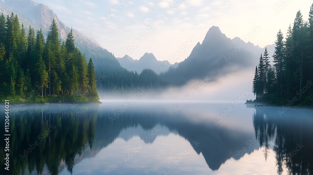 Poster misty mountain lake reflection surrounded by dense pine forest and majestic peaks : generative ai