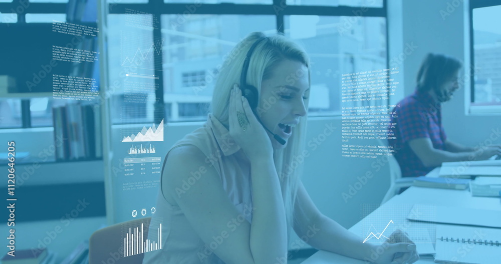 Aufkleber image of diagrams and data processing over diverse colleagues using phone headsets in office