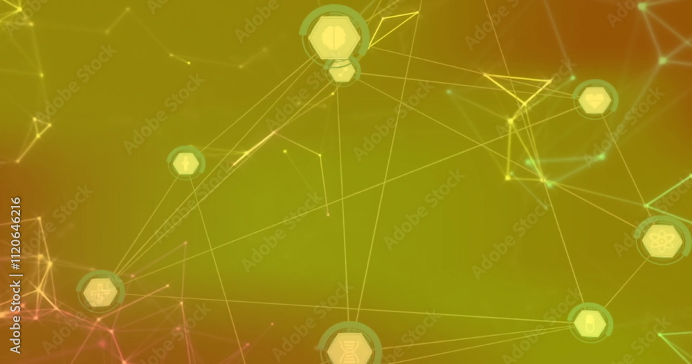 Poster image of network of connections with icons on yellow background