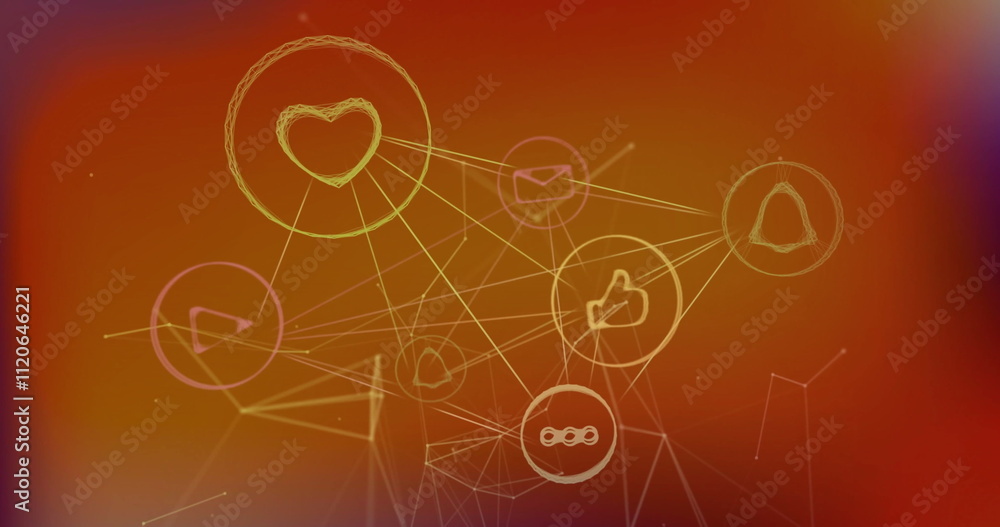 Poster image of network of connections with icons on red background