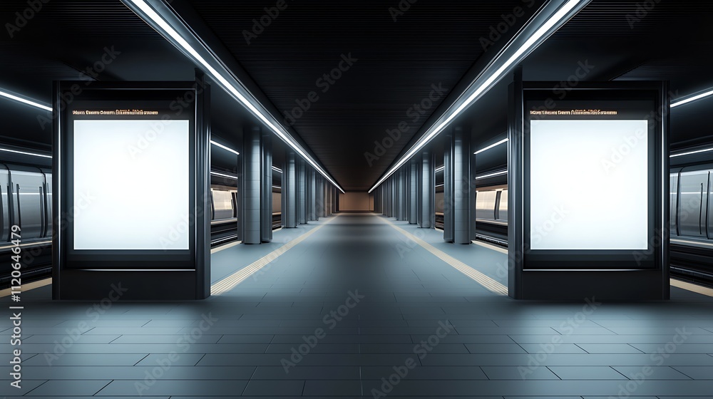 Poster Symmetrical View of Subway Corridor with Illuminated Blank Billboards and Empty Passage : Generative AI