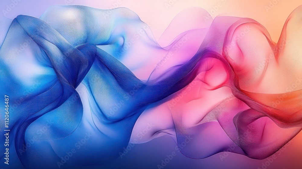 Poster abstract fluid art with blue and pink hues creating ethereal soft textures and gentle curves