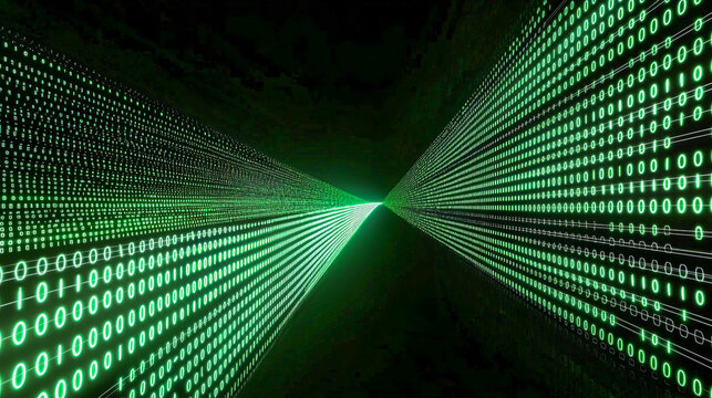 Digital binary tunnel: perspective view of green binary code flowing into distance