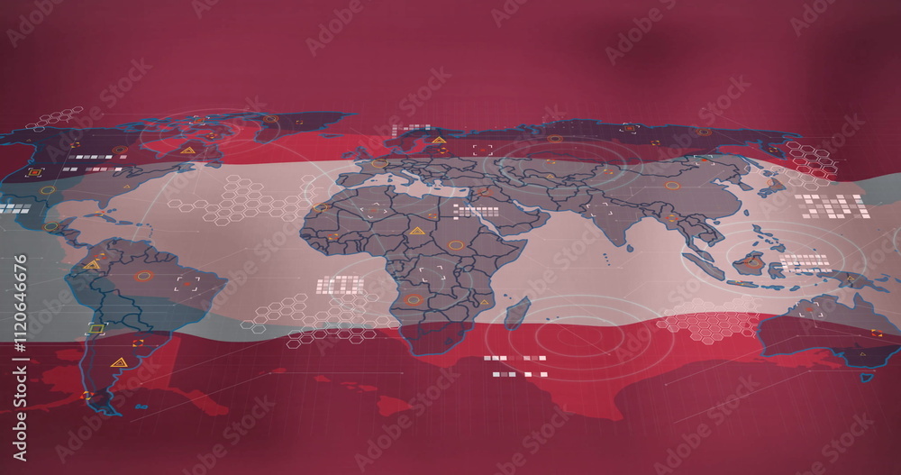 Poster world map with data points and connections image over flag of austria
