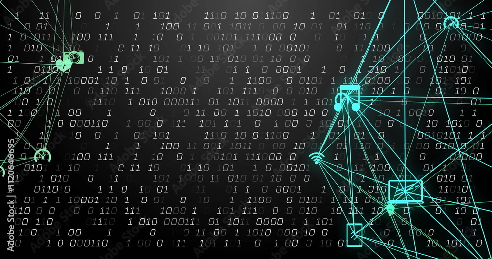 Poster binary code and network connections image over dark background
