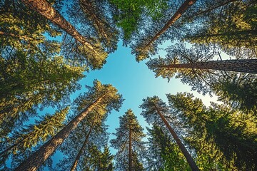 Fototapeta premium Tall majestic pine trees reaching towards blue sky in serene forest landscape : Generative AI