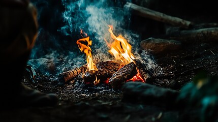 Naklejka premium Closeup of Campfire Flames and Smoking Logs Creating a Cozy Atmosphere in Nature : Generative AI
