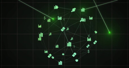 Network of financial icons and data processing image over dark grid background