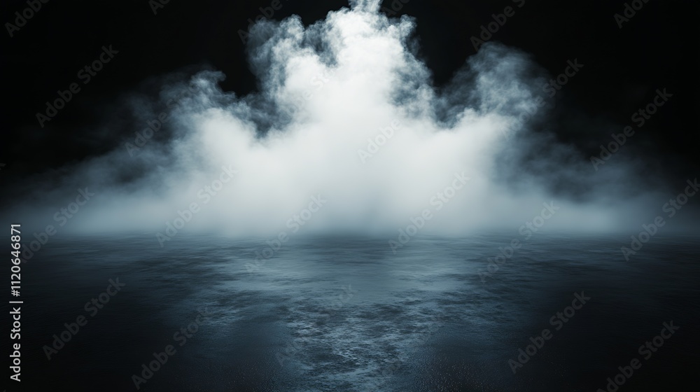 Poster dramatic illusion of dense fog over a mystical dark surface evoking a haunting atmosphere : generati