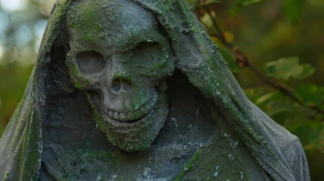 Angel of death in from of human figure with skull in cloth depiction End of humanity, war, conflict and pandemic. Tense mood and dusky atmosphere. Horror scenery and creepy feeling.