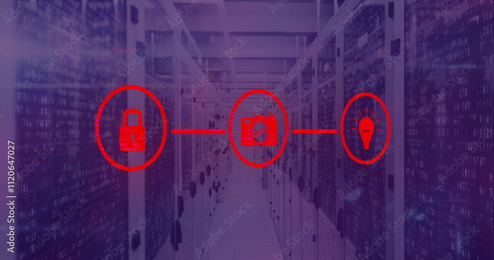Poster cybersecurity icons image over data center servers