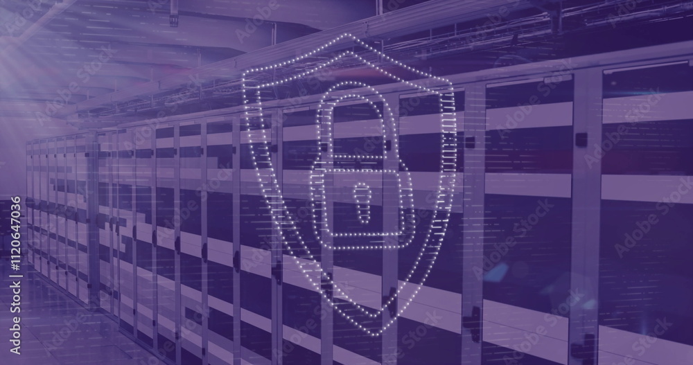 Poster digital lock and shield image over server racks in data center