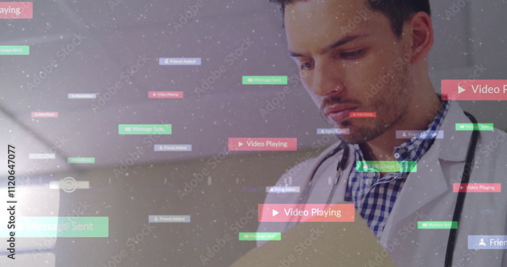 Aufkleber medical professional working with data processing image overlaid with image playing text