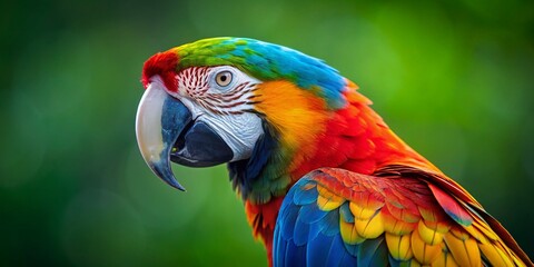 Obraz premium A minimalist portrayal of a macaw parrot, emphasizing its vibrant feathers and distinctive beak, set against a domestic backdrop, showcasing the essence of nature's beauty.