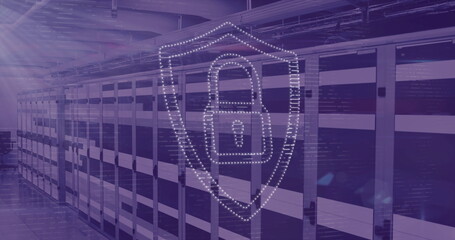 Digital lock and shield image over server racks in data center