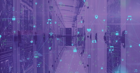 Digital icons and network connections image over data center servers