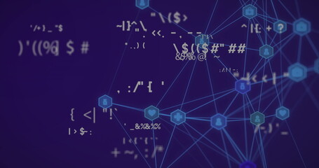 Network of connections and coding symbols image over blue background