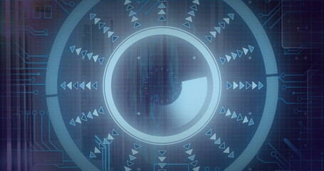 Futuristic interface with circular patterns and arrows, data processing image