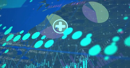 Image of financial data processing over world map and dark background