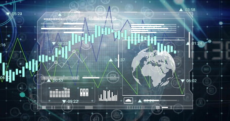 Image of financial data processing over globe and dark background