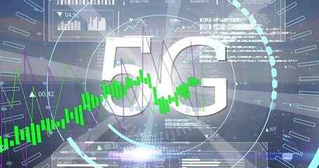 Image of 5g text, financial data processing over grid and dark background