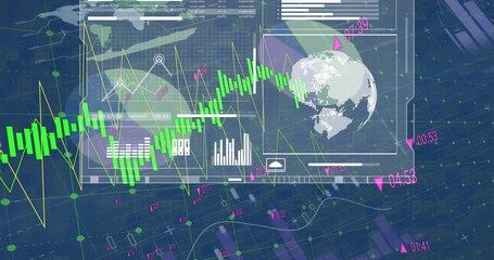 Image of financial data processing over grid and dark background
