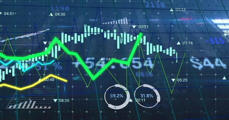 Image of financial data processing over grid and dark background