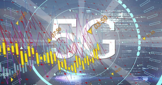 Image of 5g text, financial data processing over grid and dark background