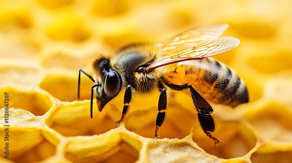 Poster Close up of honeybee on honeycomb showcasing nature's intricate design and pollination process : Generative AI