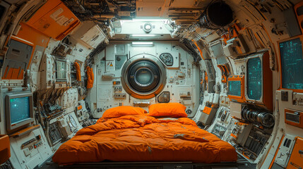 Cozy futuristic space capsule bedroom with orange bedding and advanced technology panels