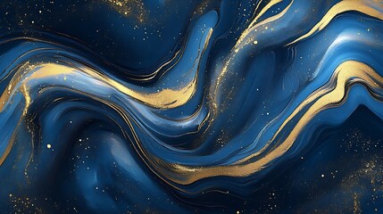 Artistic Blue and Gold Fluid Abstract Design with Luxurious Swirls : Generative AI