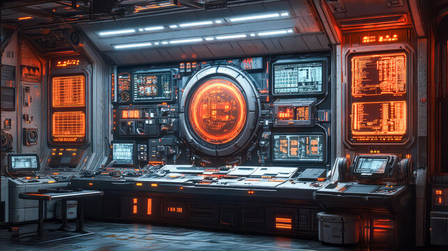 Futuristic spacecraft control room with advanced technology and red led displays - Powered by Adobe